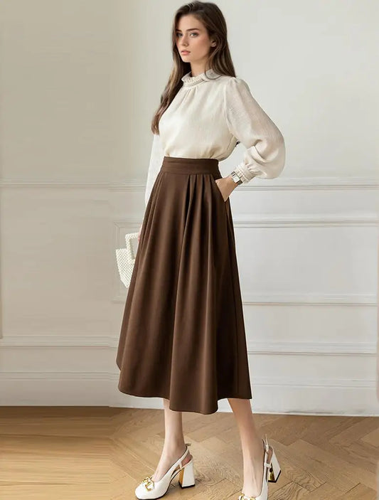 Dark Academia Coffee Midi Skirt - High Waist Elegant Style
