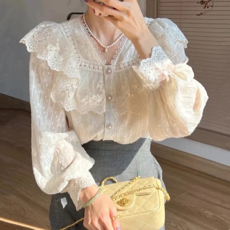 Dark Academia Trendy Chiffon Blouse - Lace Vintage