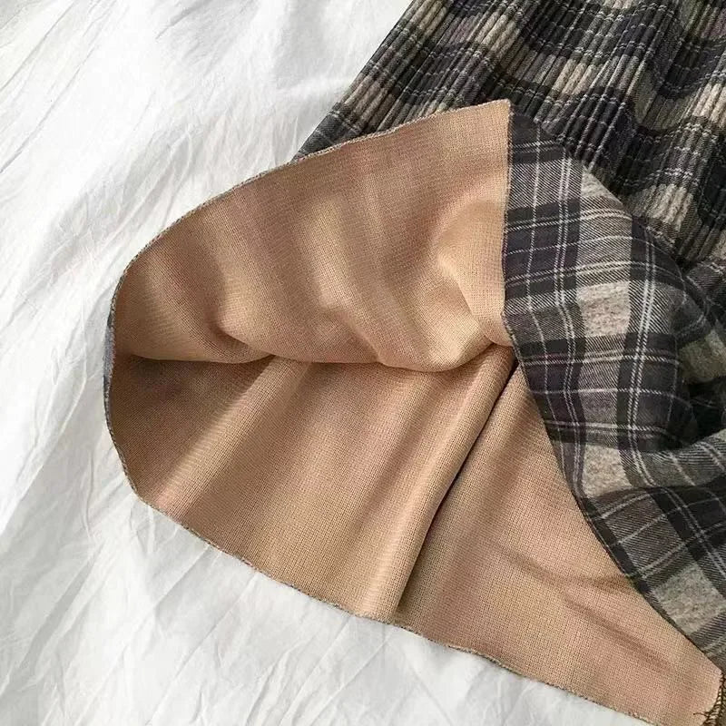Dark Academia Wool Plaid Pleated Skirt - High Waist Long