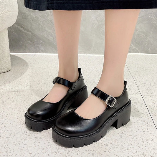 Dark Academia Buckle Platform Pumps - Black Thick
