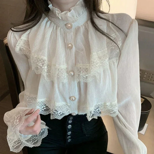 Dark Academia Trendy Chiffon Blouse - Lace Vintage