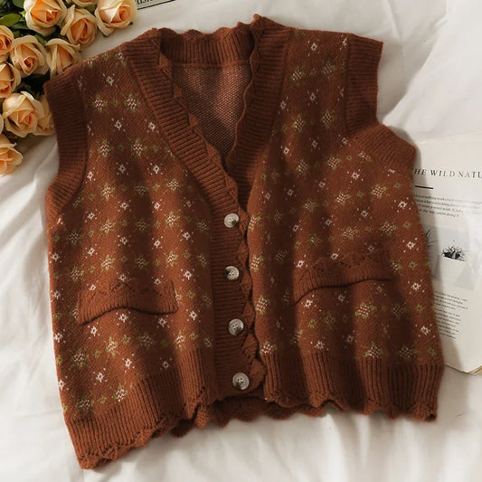 Dark Academia Vintage Print Vest - V-Neck Loose