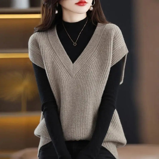 Dark Academia Solid Knitted Vest - V-Neck Loose