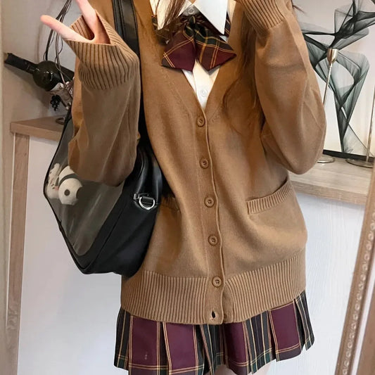 Dark Academia School Cardigan - V-Neck Cotton