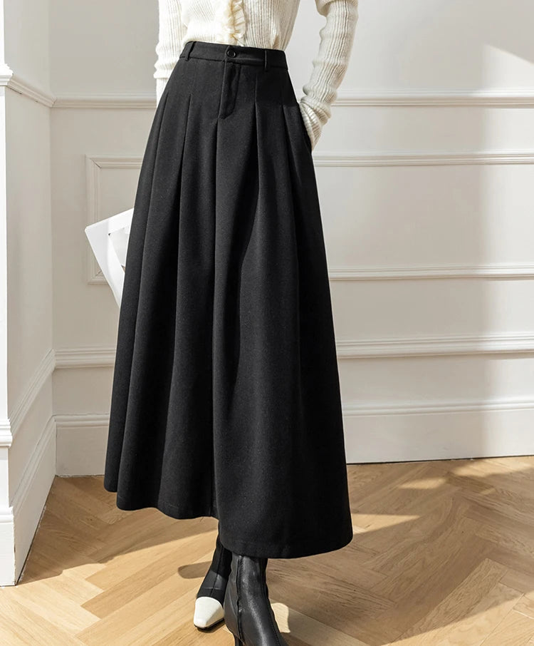 Dark Academia Woolen Midi Skirt - High Waist Office Style