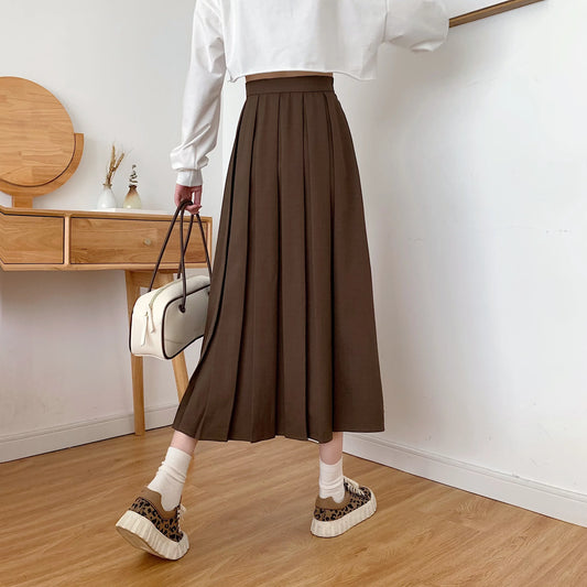 Dark Academia Pleated Midi Skirt - High Waist A-Line Style