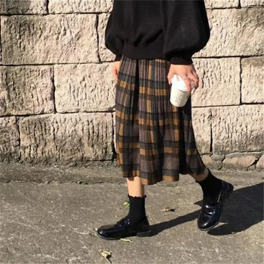 Dark Academia Wool Plaid Pleated Skirt - High Waist Long