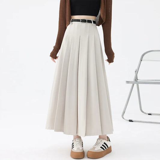 Dark Academia Beige A-Line Skirt - High Waist College