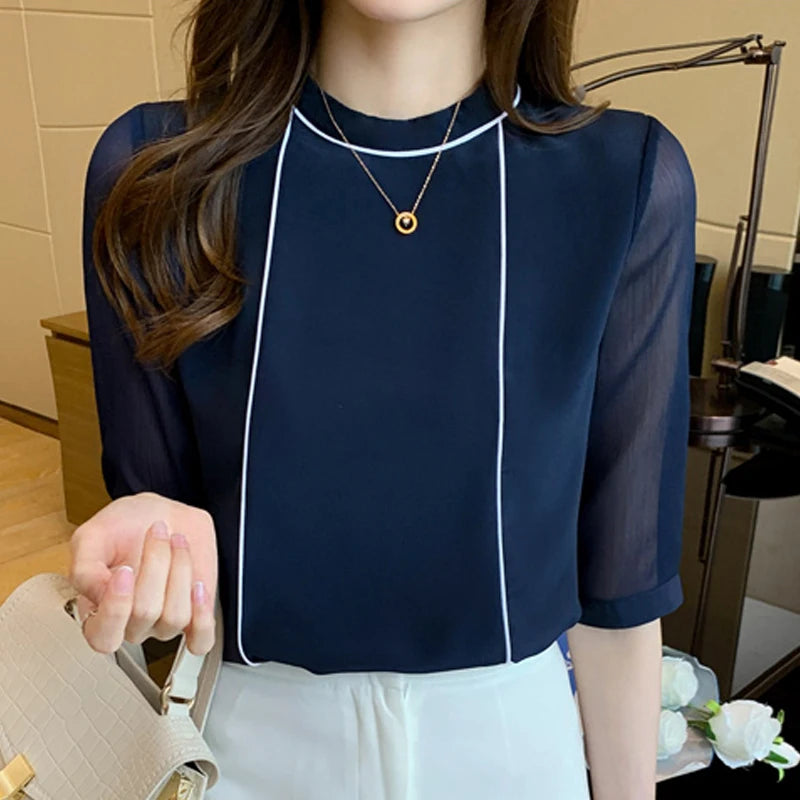 Dark Academia Blue Chiffon Blouse - O-Neck