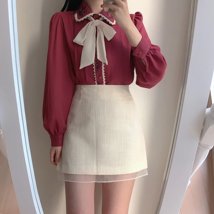Dark Academia Embroidered Blouse - Sweet Bowknot