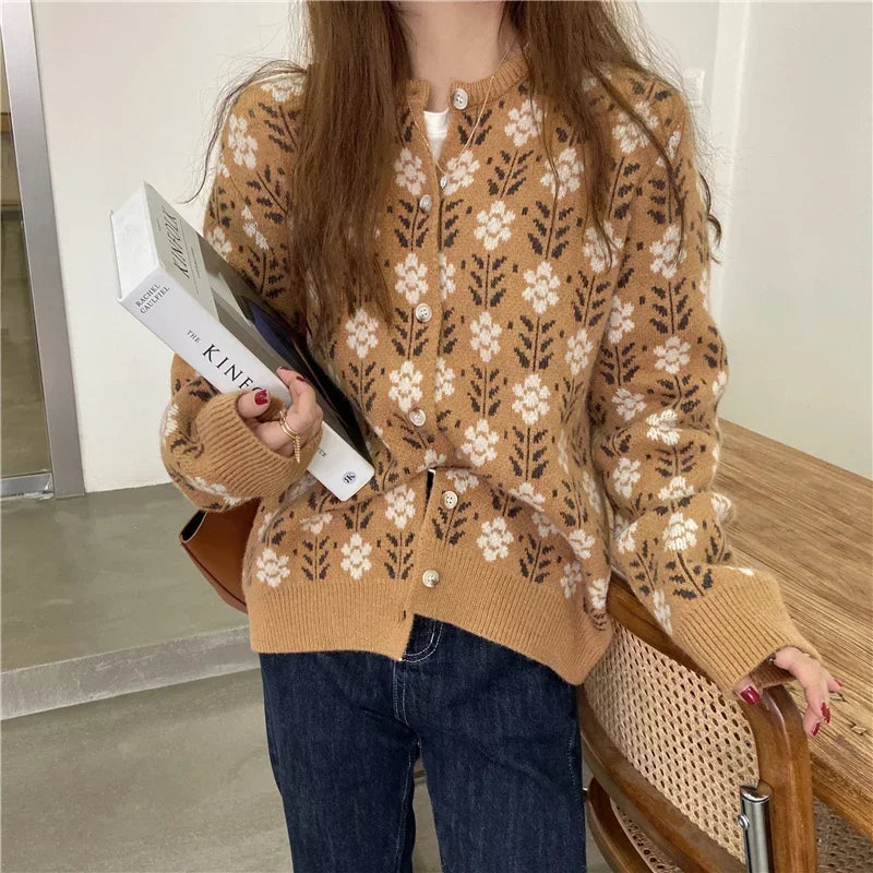 Dark Academia Floral O-Neck Cardigan - Sweet Retro