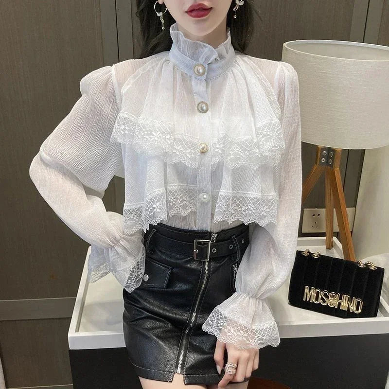 Dark Academia Trendy Chiffon Blouse - Lace Vintage