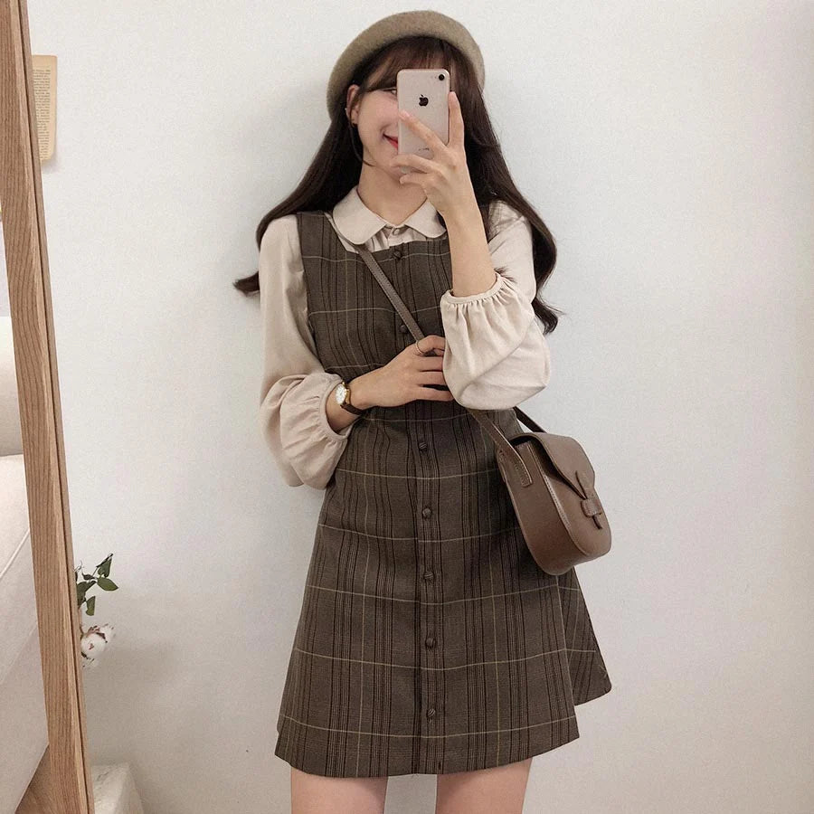 Dark Academia Preppy Plaid Shirt Dress - A-Line Spring