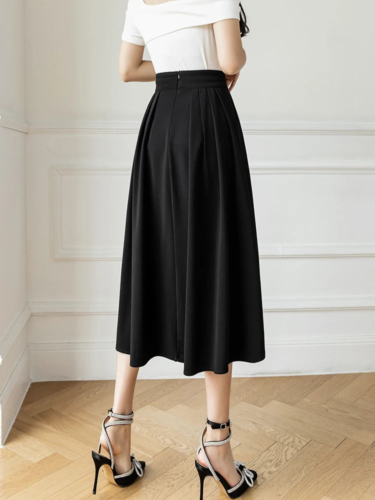 Dark Academia Coffee Midi Skirt - High Waist Elegant Style