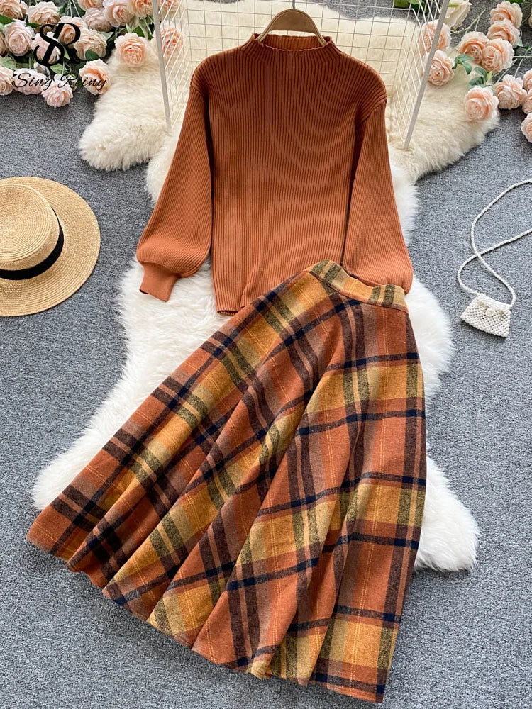 Dark Academia Retro Sweater Set - Knit Top Long Skirt