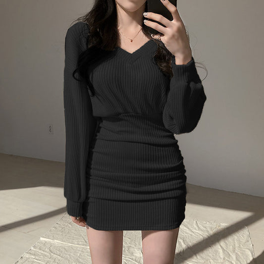 Dark Academia V-Neck Sweater Dress - Bodycon