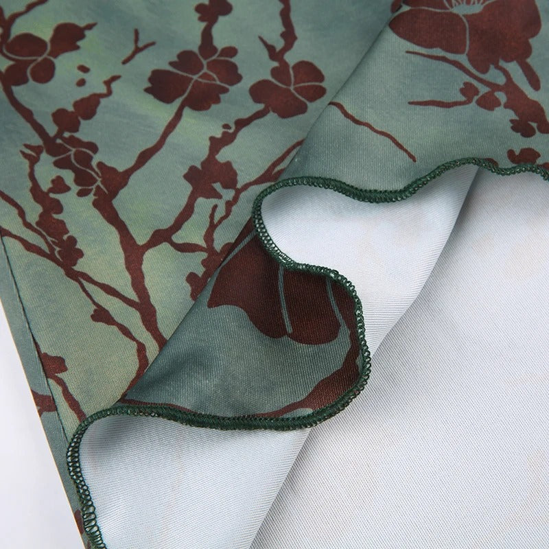 Dark Academia Green Floral Skirt - Vintage Mid-Calf Style