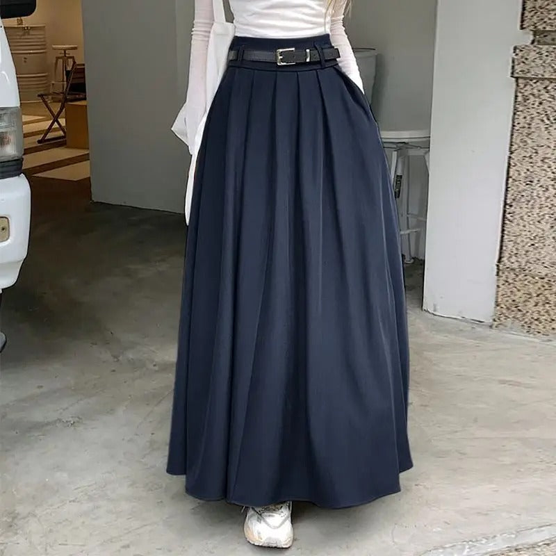Dark Academia Pleated Swing Skirt - High Waist Long Style