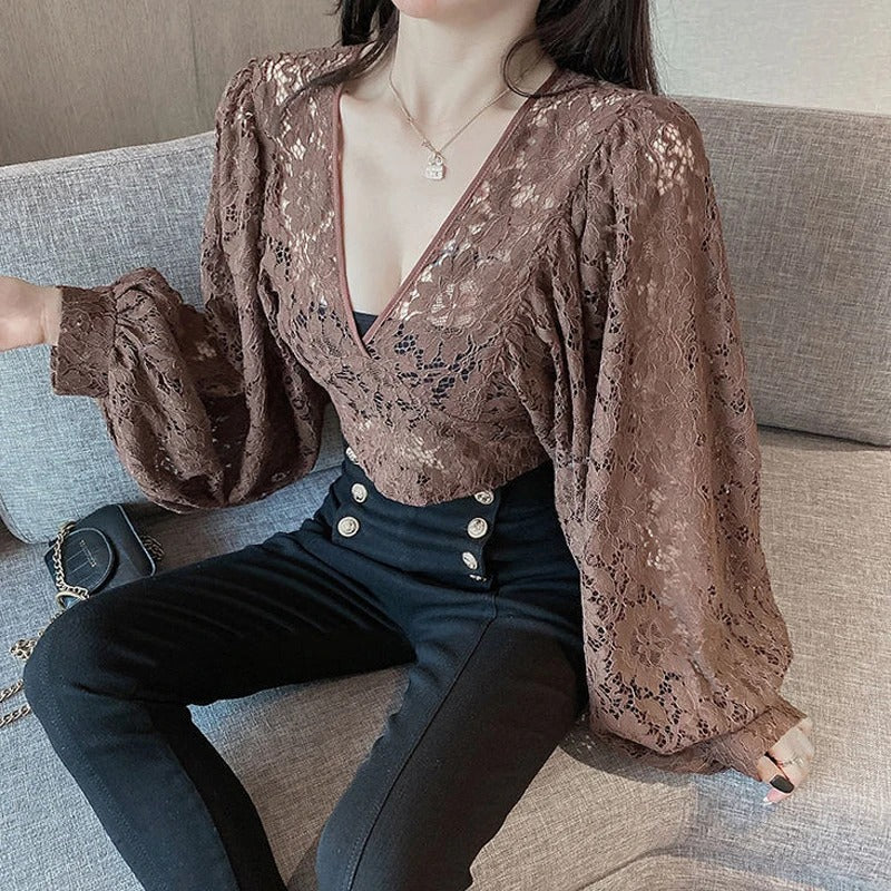 Dark Academia Lace Hollow Blouse - V-Neck Puff