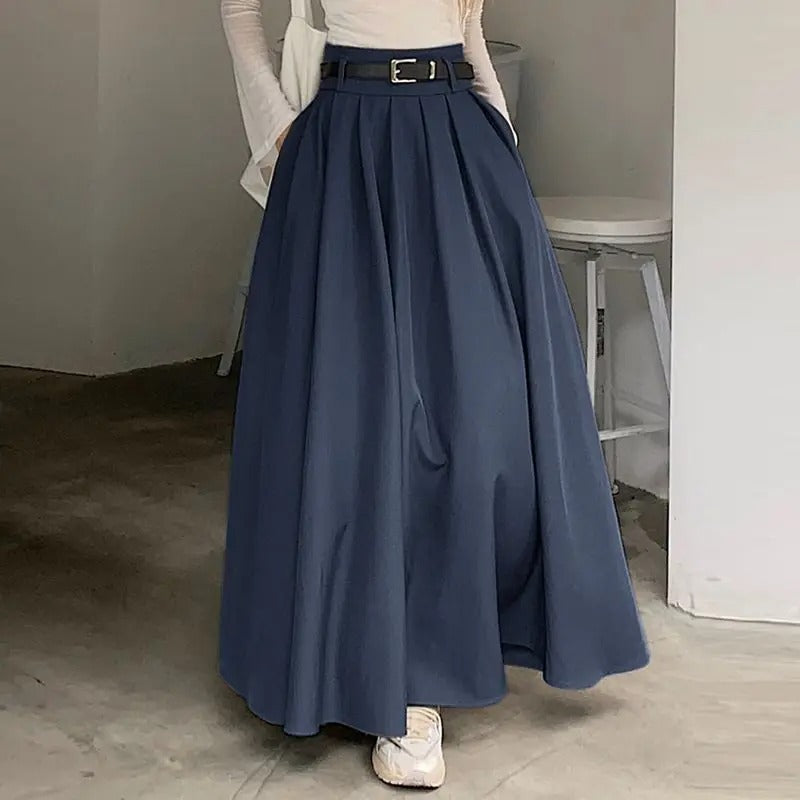 Dark Academia Pleated Swing Skirt - High Waist Long Style