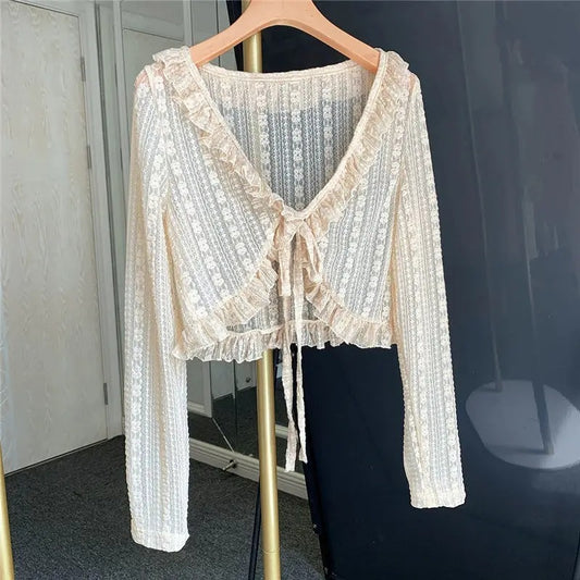 Dark Academia Mesh Ruffles Blouse - Vintage Crop