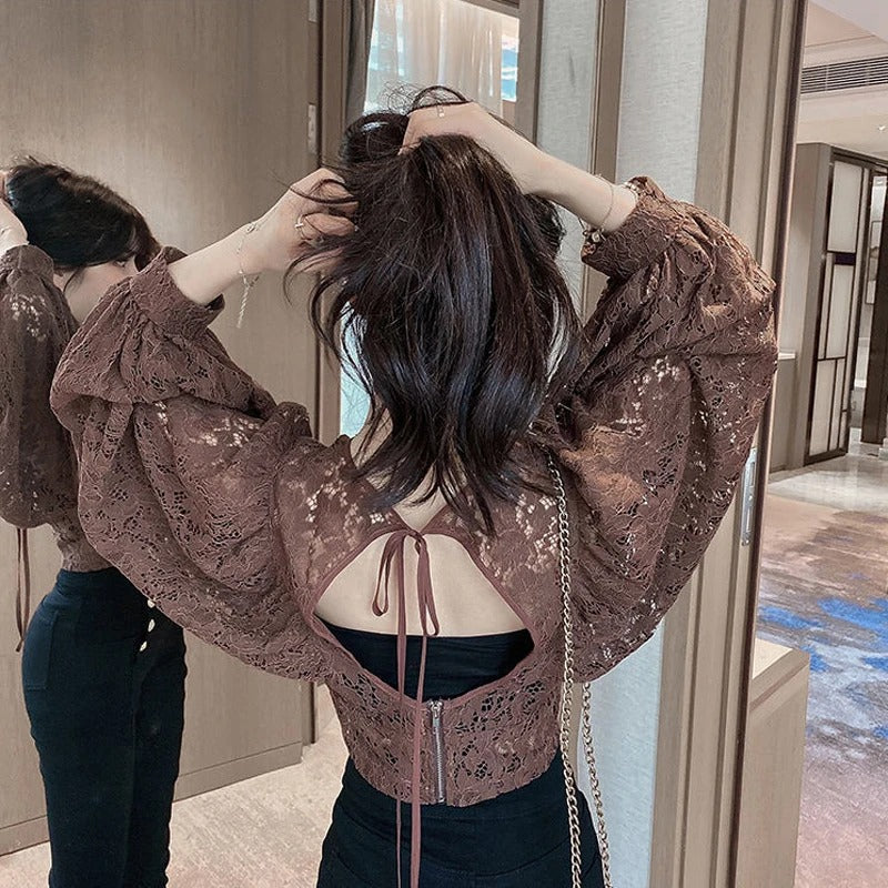 Dark Academia Lace Hollow Blouse - V-Neck Puff