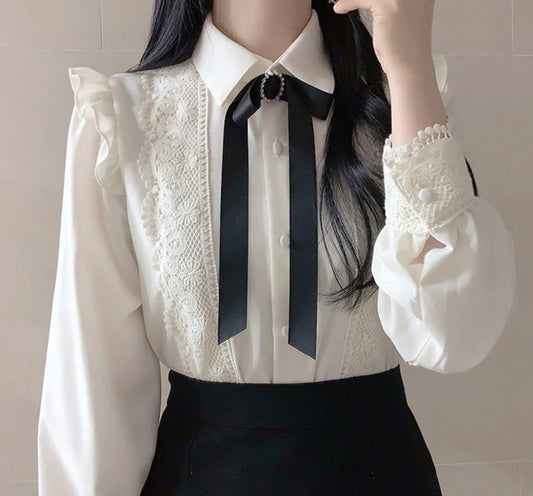 Dark Academia Peter Pan Collar Blouse - Ruffled