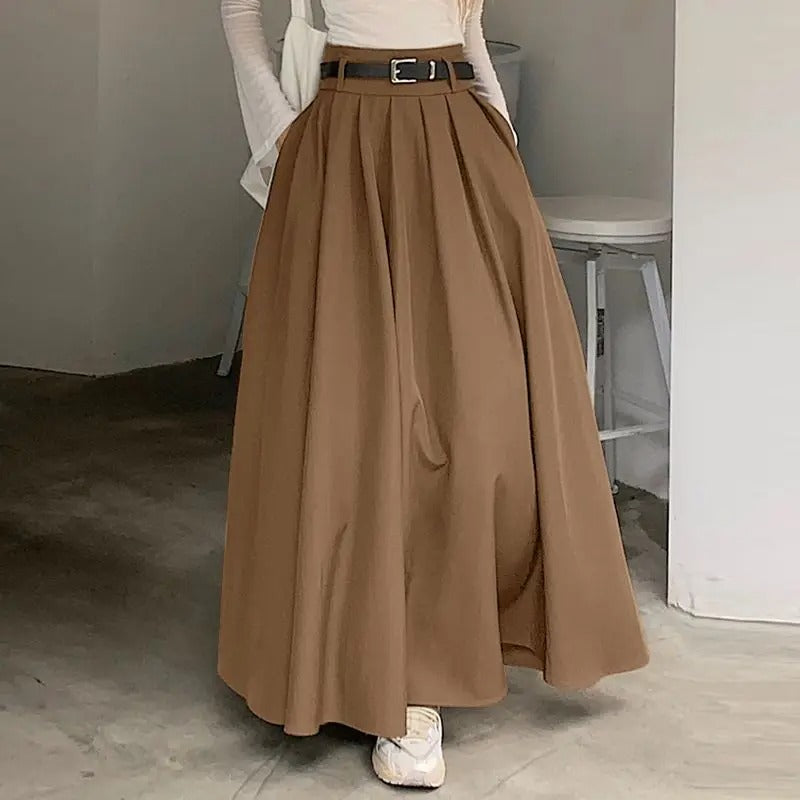 Dark Academia Pleated Swing Skirt - High Waist Long Style