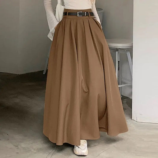 Dark Academia Pleated Swing Skirt - High Waist Long Style