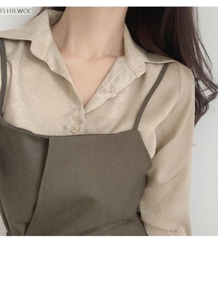 Dark Academia Two-Piece Chic Outfit - Button Shirt Dress