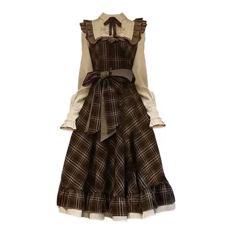 Dark Academia Two-Piece Style Dress - Plaid Bow Vintage