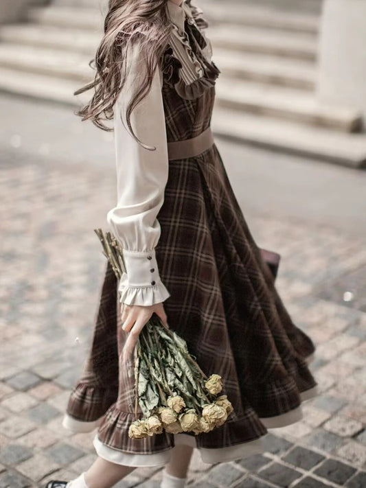 Dark Academia Two-Piece Style Dress - Plaid Bow Vintage