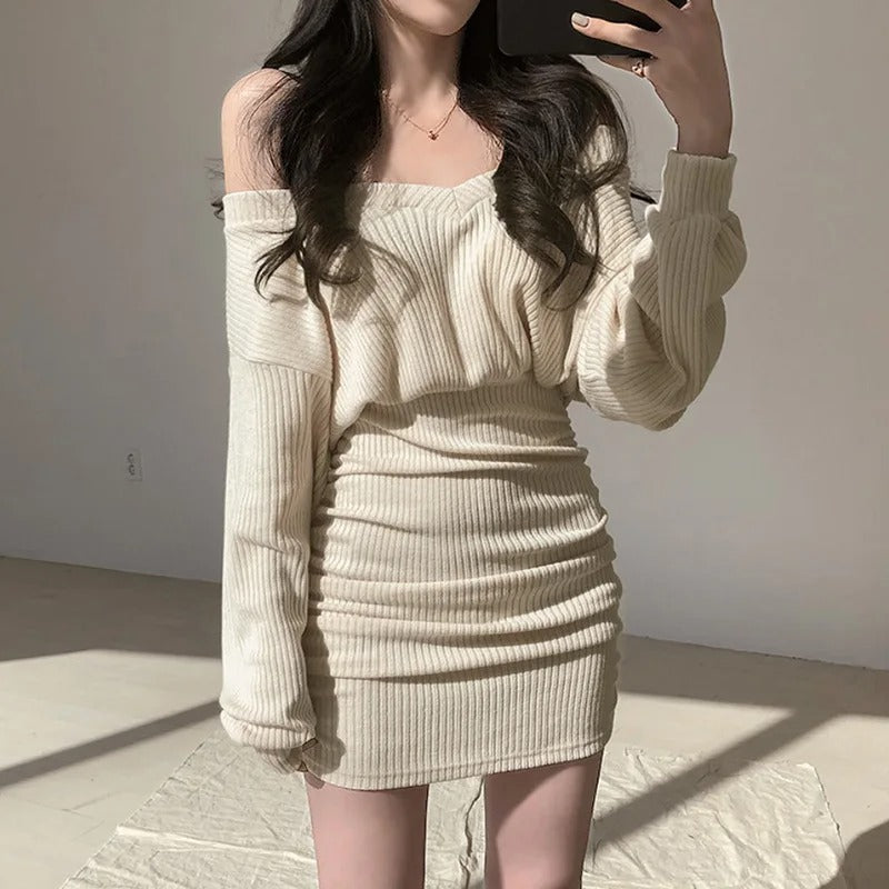 Dark Academia V-Neck Sweater Dress - Bodycon