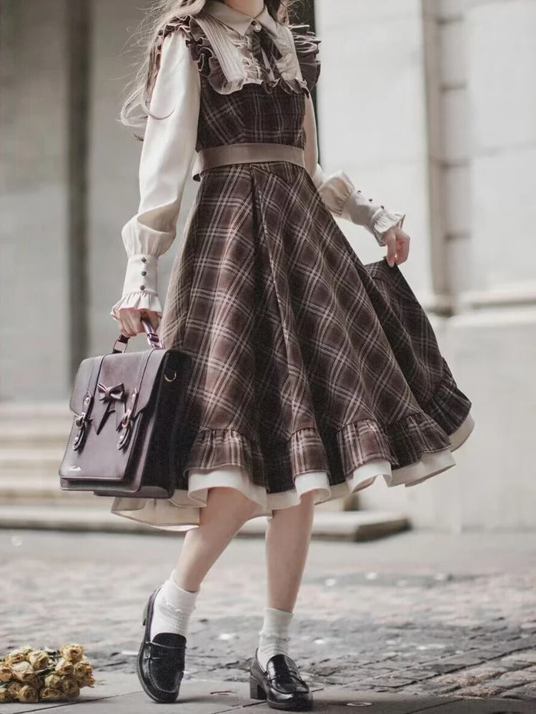 Dark Academia Two-Piece Style Dress - Plaid Bow Vintage