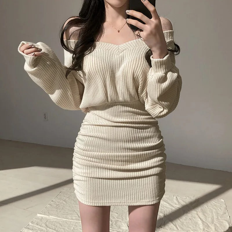 Dark Academia V-Neck Sweater Dress - Bodycon