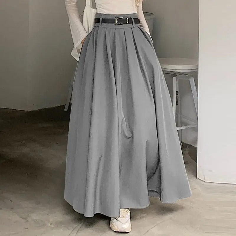 Dark Academia Pleated Swing Skirt - High Waist Long Style