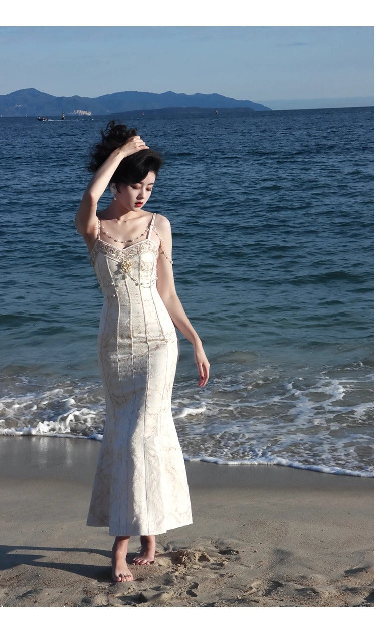 Dark Academia Mermaid Prom Dress - Pearl Beading