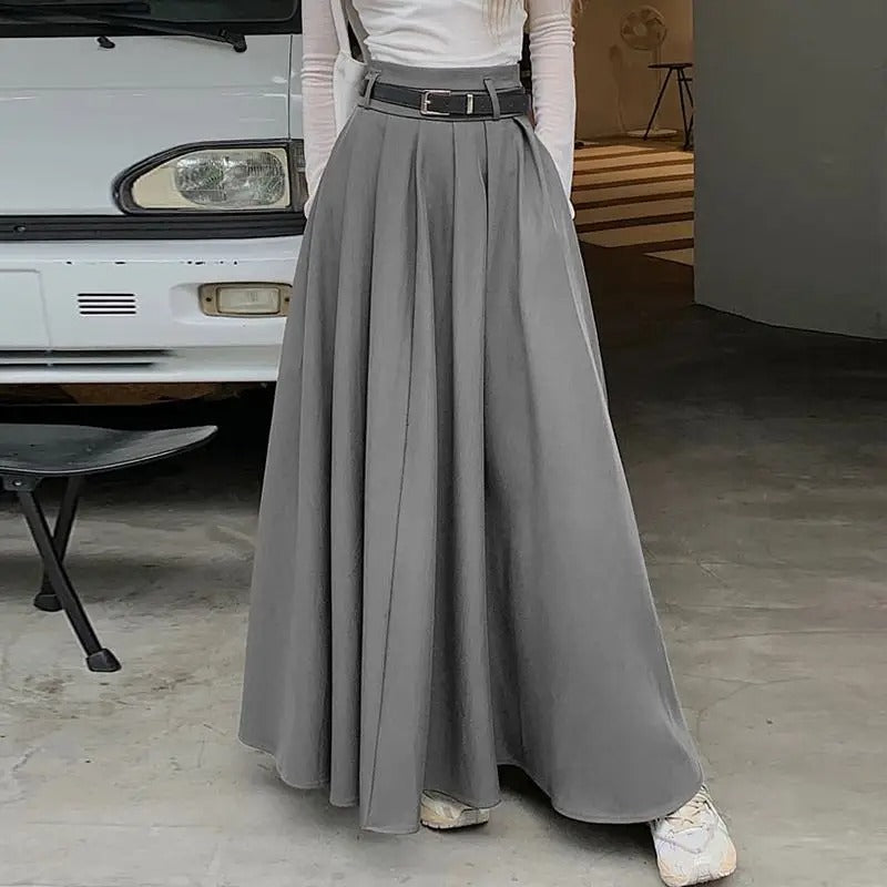 Dark Academia Pleated Swing Skirt - High Waist Long Style
