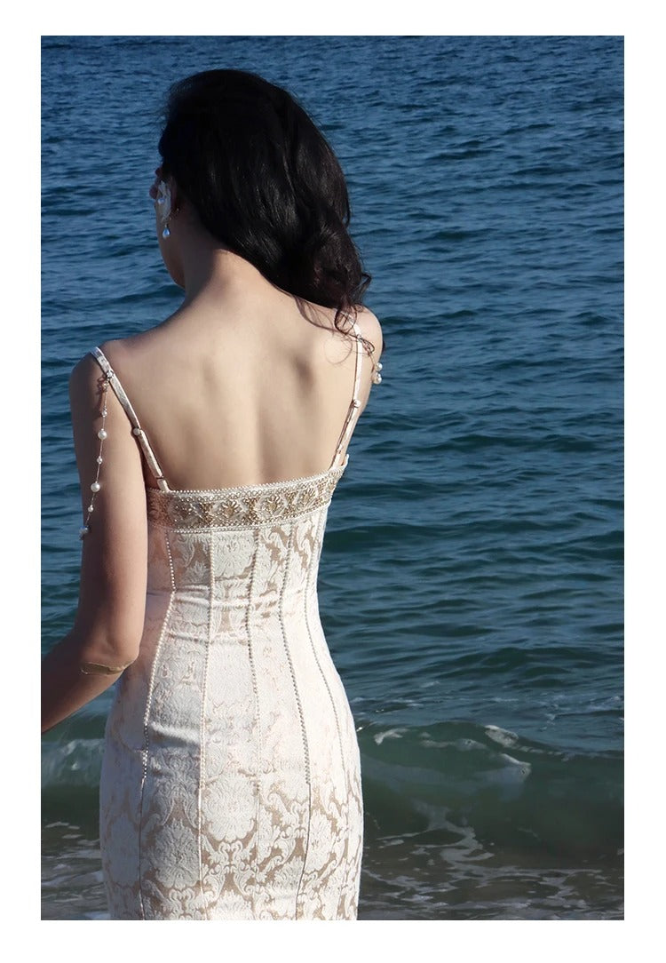 Dark Academia Mermaid Prom Dress - Pearl Beading