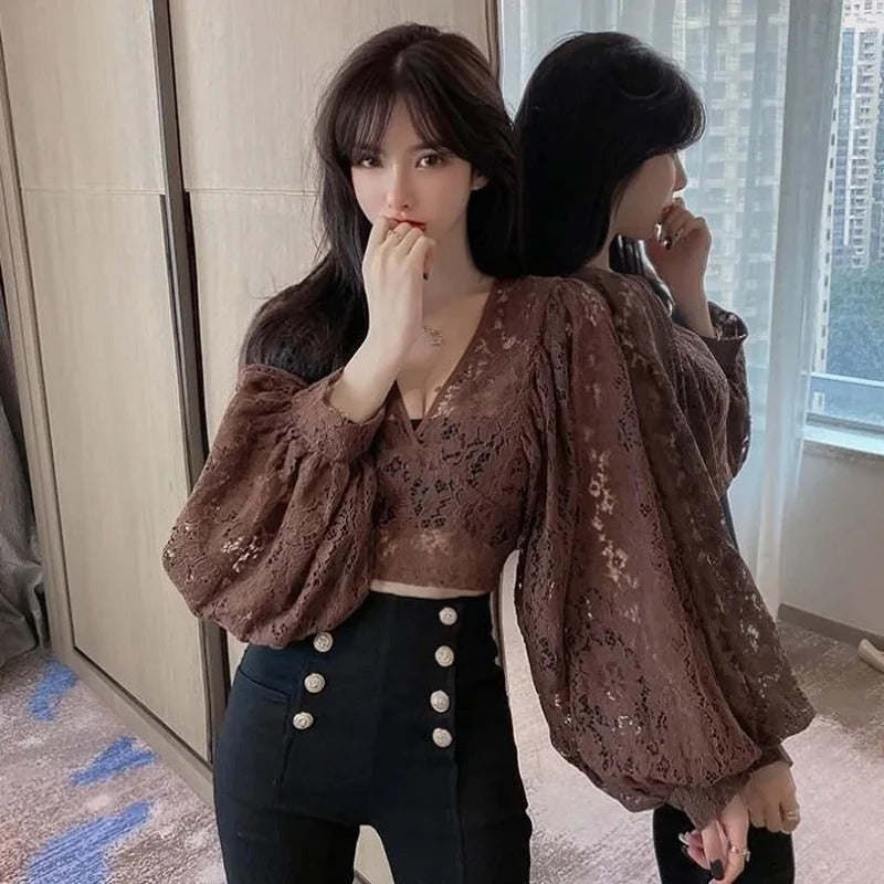 Dark Academia Lace Hollow Blouse - V-Neck Puff