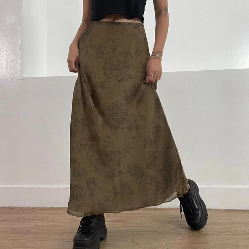 Dark Academia Vintage Floral Long Skirt - Mesh Aesthetic