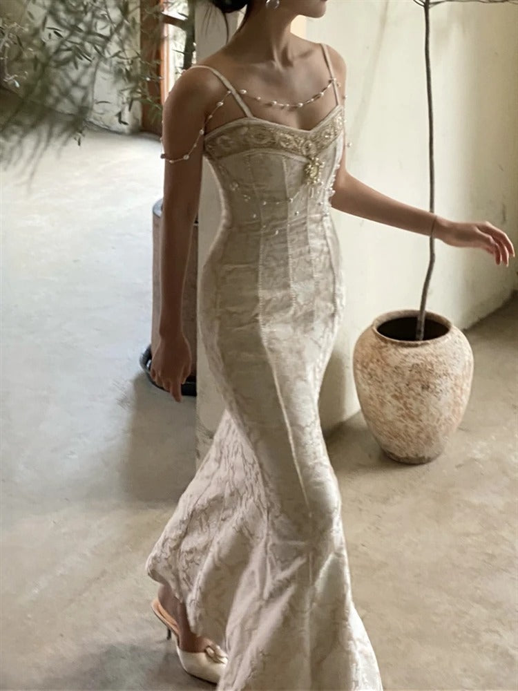Dark Academia Mermaid Prom Dress - Pearl Beading