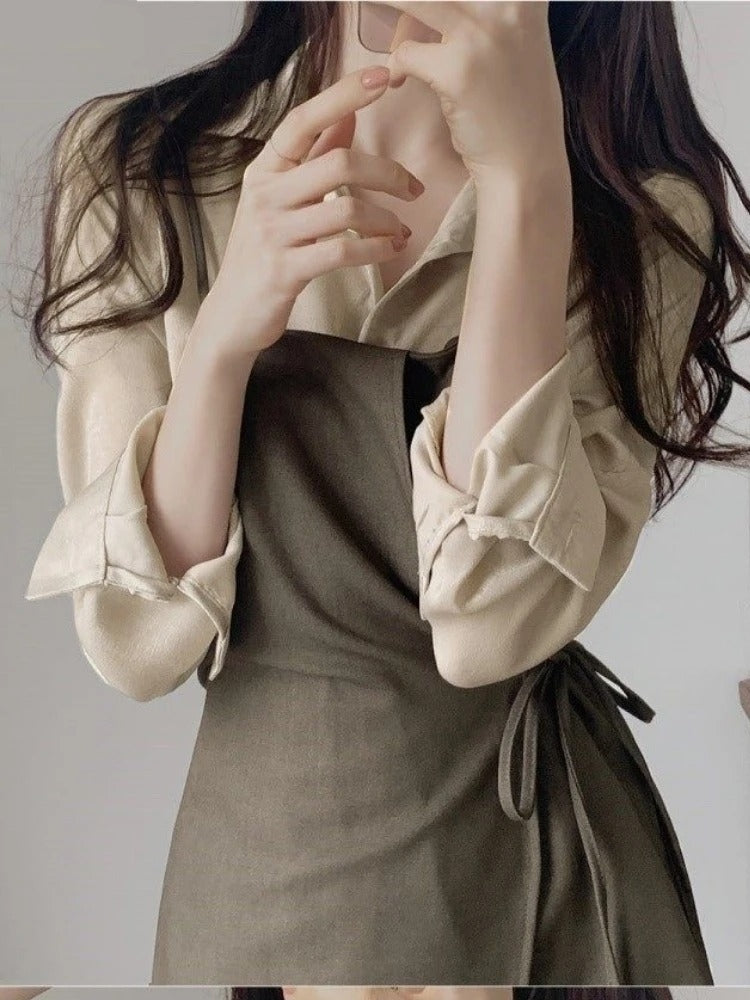 Dark Academia Two-Piece Chic Outfit - Button Shirt Dress