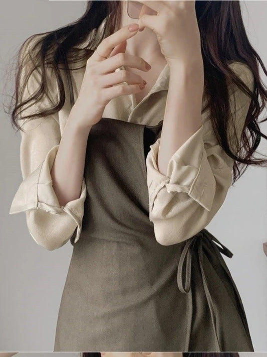 Dark Academia Two-Piece Chic Outfit - Button Shirt Dress