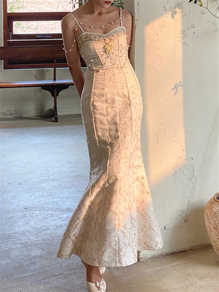 Dark Academia Mermaid Prom Dress - Pearl Beading