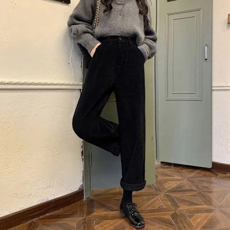 Dark Academia Corduroy Wide Leg Pants - High Waist Black
