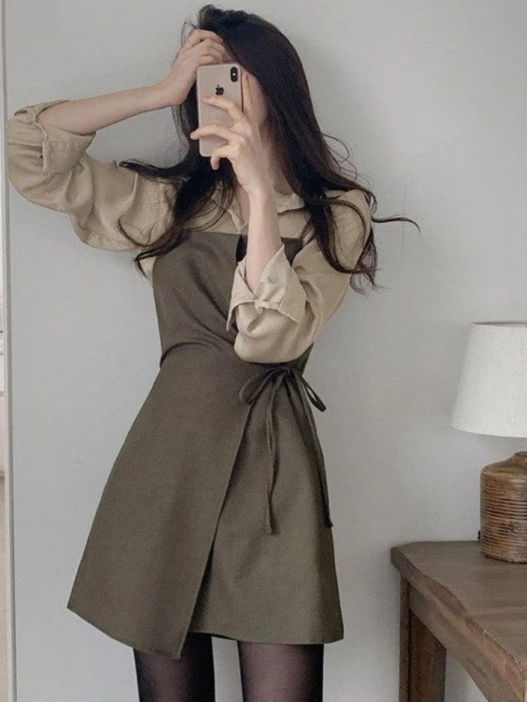 Dark Academia Two-Piece Chic Outfit - Button Shirt Dress