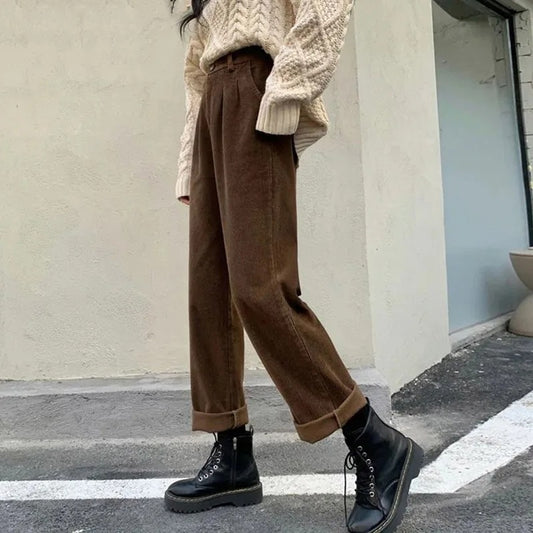 Dark Academia Corduroy Wide Leg Pants - High Waist Black