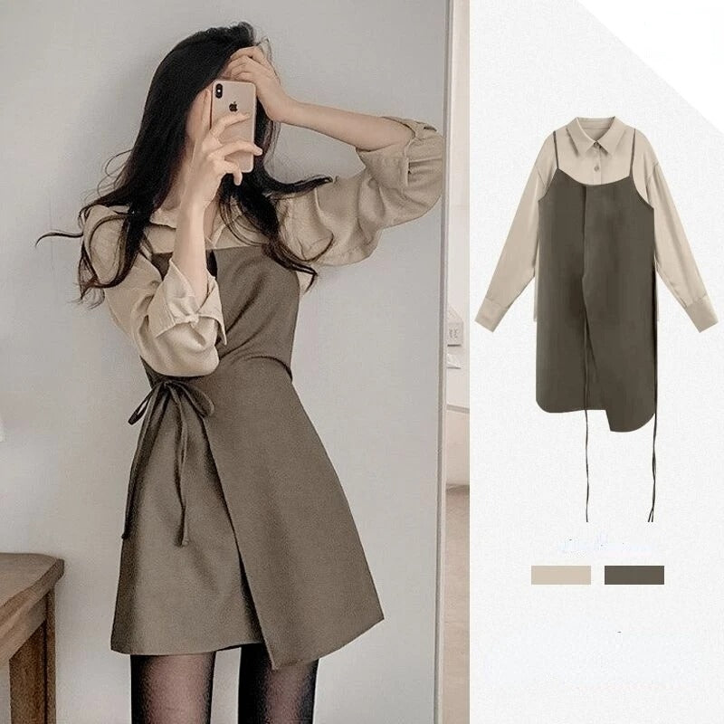 Dark Academia Two-Piece Chic Outfit - Button Shirt Dress